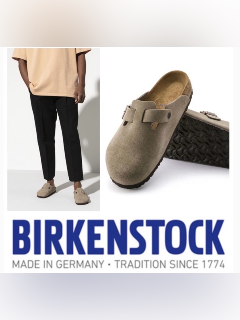 NWT Authentic Birkenstock Unisex/Men’s Boston Soft Footbed Suede Clog in Taupe